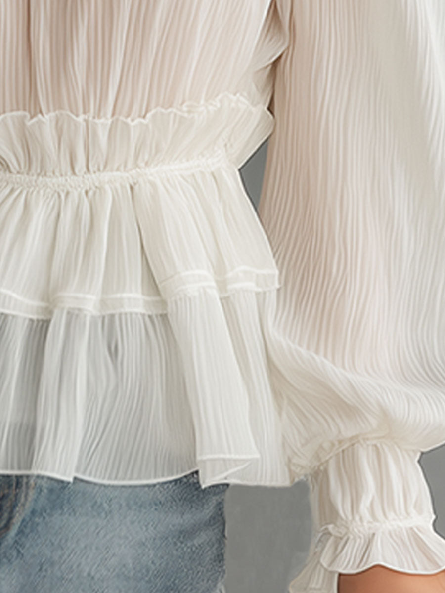 Stylish And Elegant White Chiffon Lace Ruffled Shirt