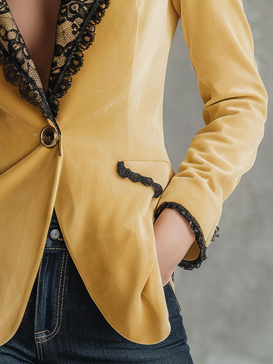 Stylish Retro Black Lace Yellow Velvet Blazer