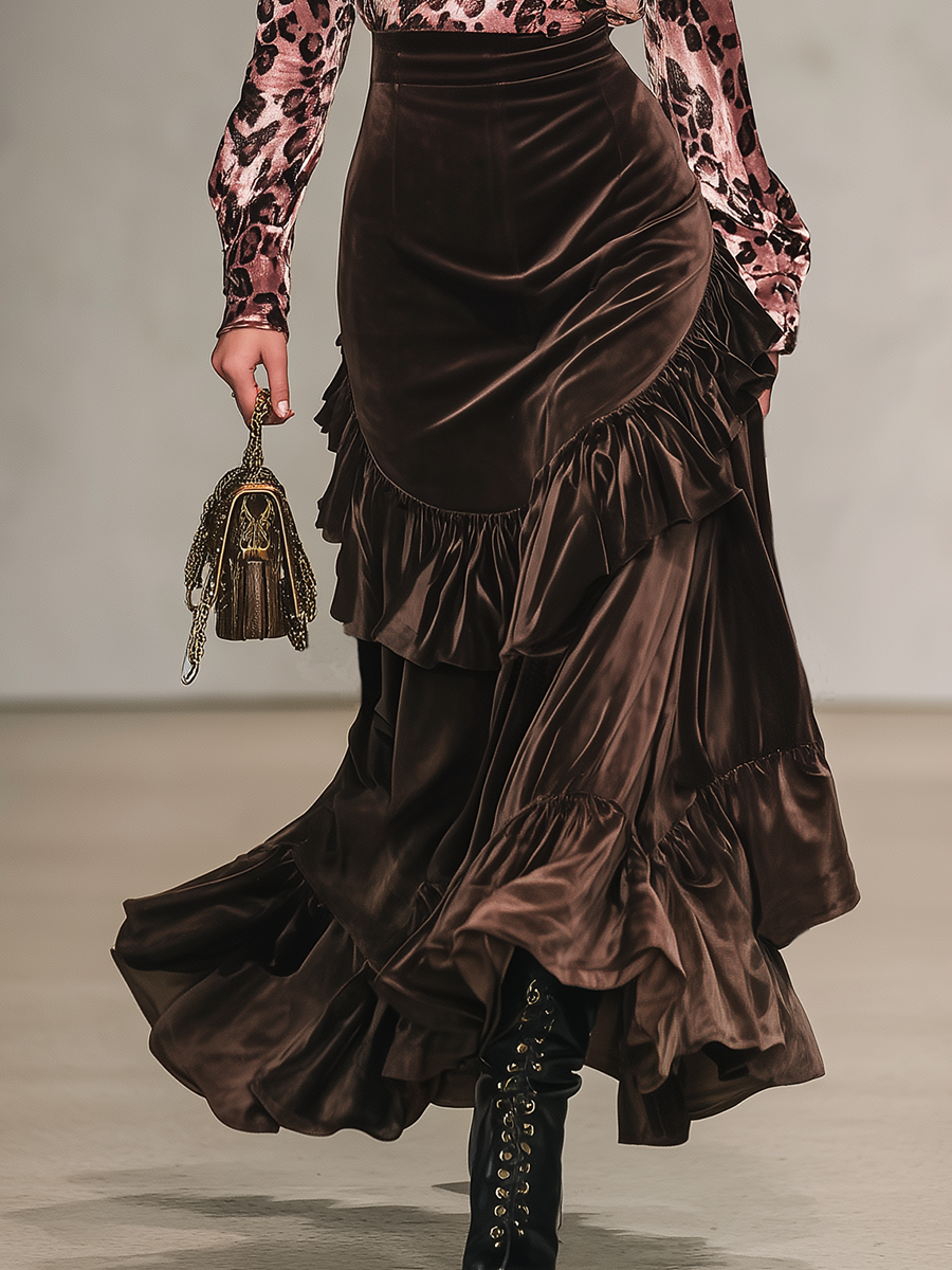 Vintage Leopard Print Stand-up Collar Velvet T-shirt And Ruffled Skirt Set