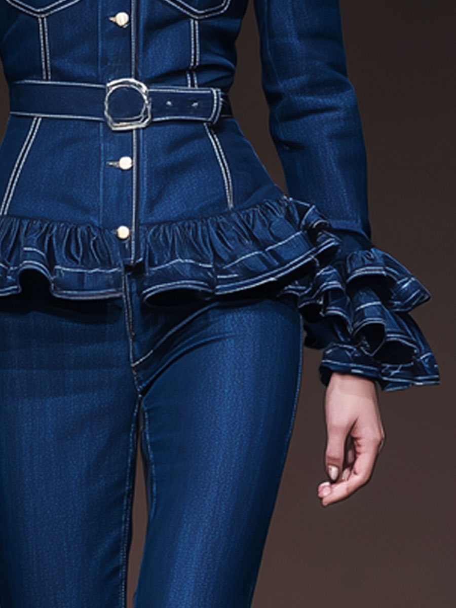 Stylish Retro-style Lace-up Ruffled Dark Blue Denim Jacket
