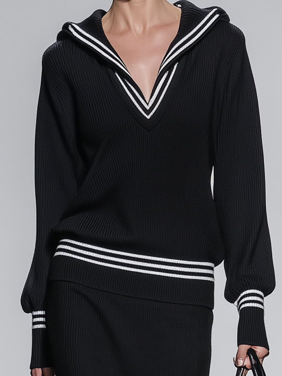 Stylish Black Knit Sweatshirt And Long Skirt With White Webbing Set