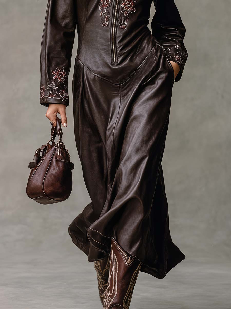 Vintage Western Embroidered Lapel Front Zipper Dark Brown Leather Midi Dress