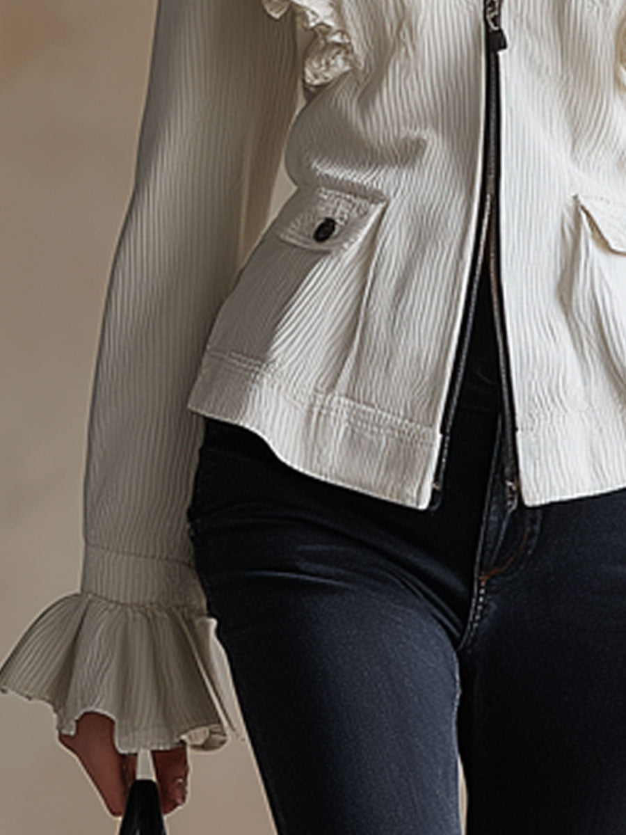 Casual Retro Ruffled White Corduroy And Denim Zip-up Jacket