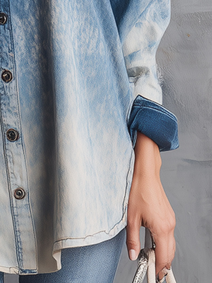 Casual Retro Loose Blue Gradient One-shoulder Denim Shirt