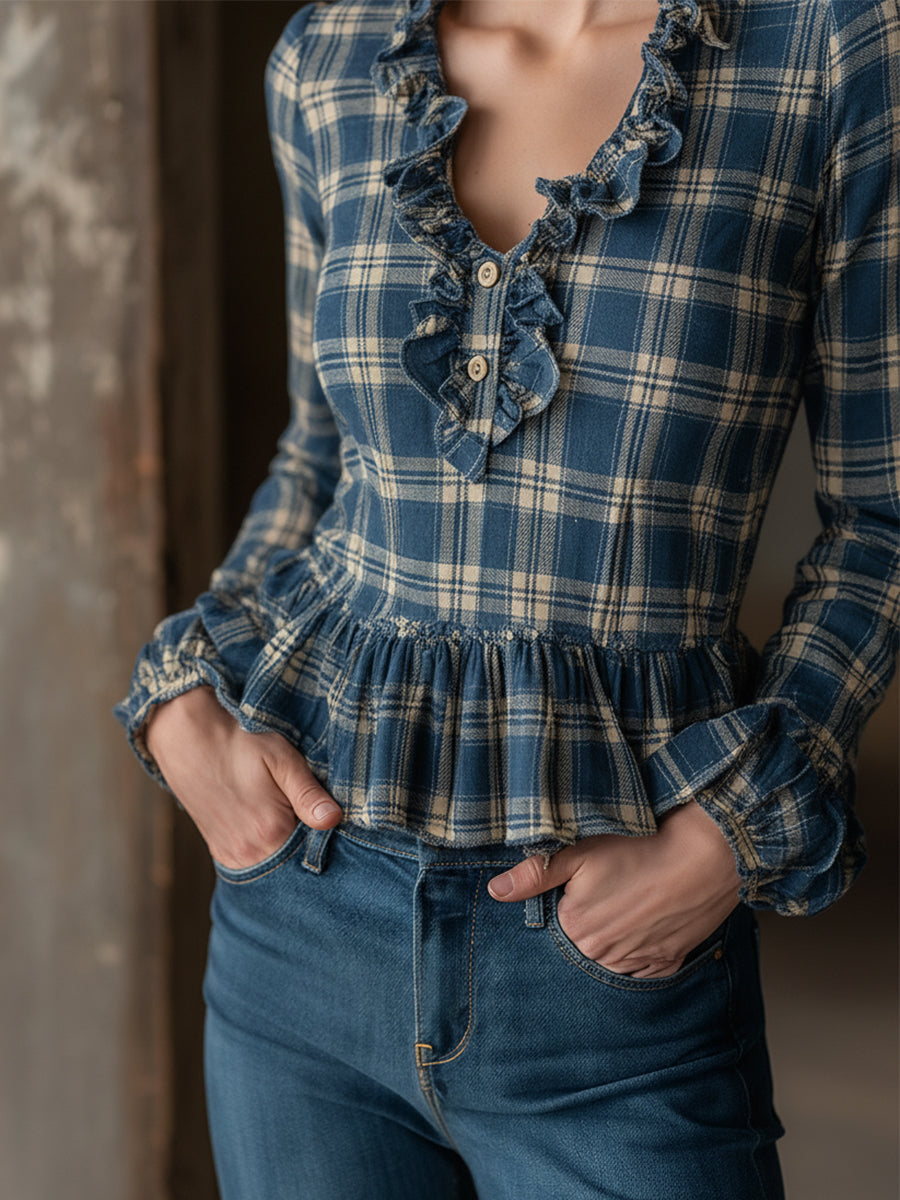 Trendy Retro Blue And Beige Plaid V-neck Ruffled Shirt