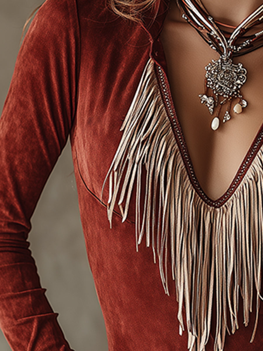 Trendy Retro Brown-red Slightly Stretch Faux Suede Tassel Shirt