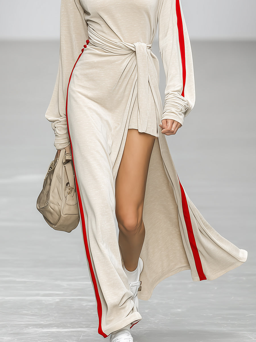 Casual And Stylish Red Trim Beige Sporty Maxi Dress