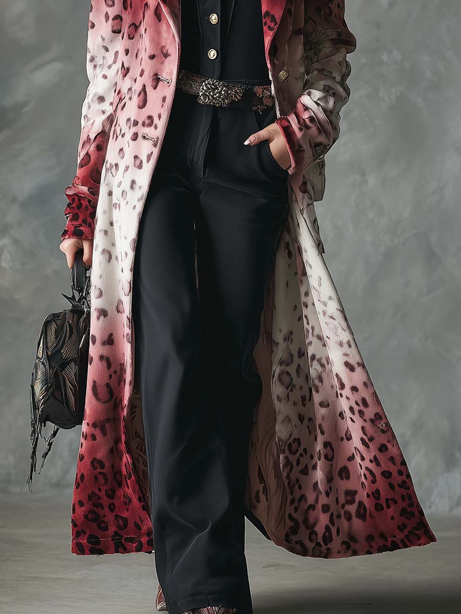 Vintage Western Peak Lapel Front Button Red Leopard Print Gradient Velvet Coat