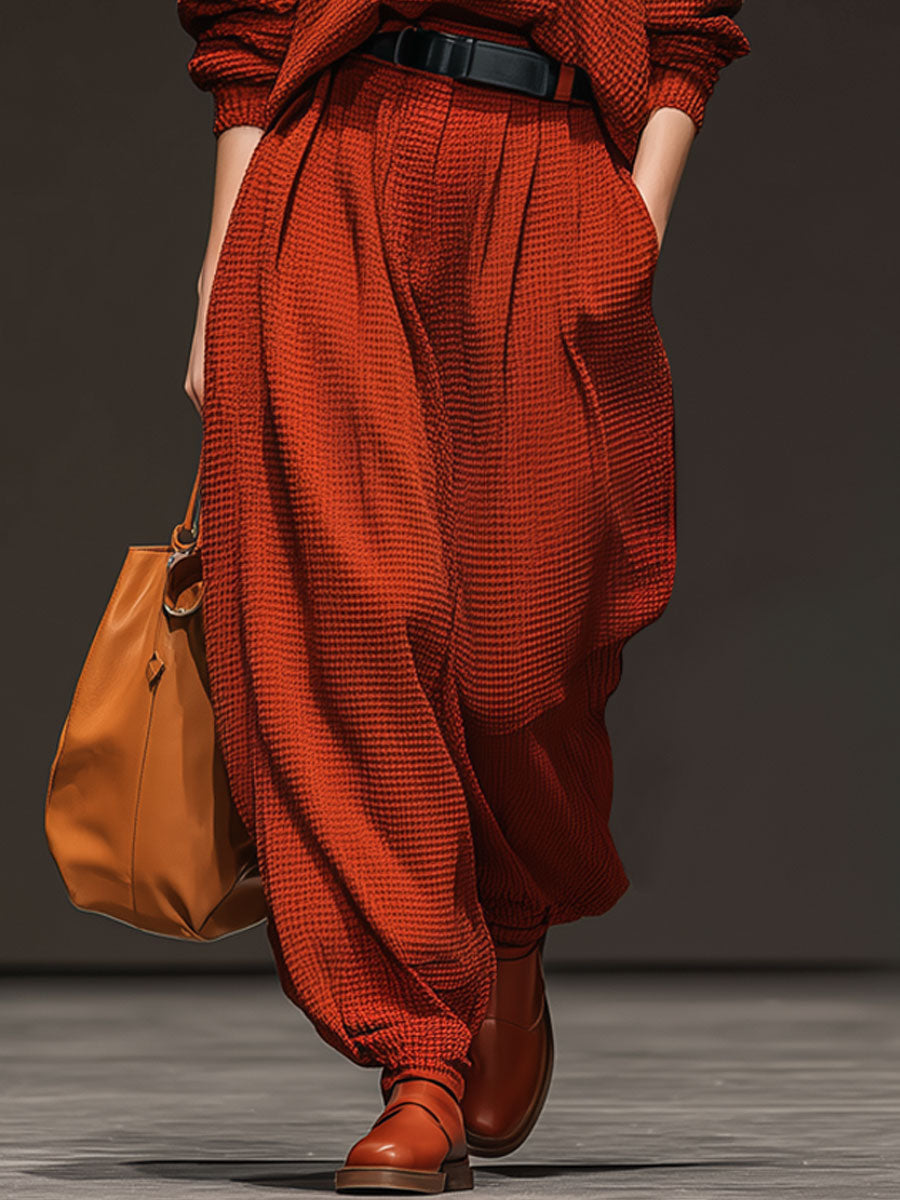 Casual Sporty Retro Red Waffle Knit Crew Neck Sweatshirt And Pants Set