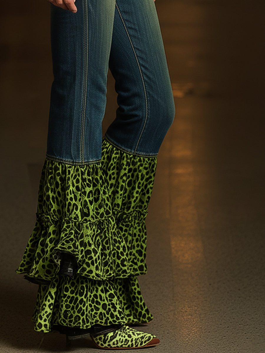 Vintage Distressed Blue-green Leopard Print Ruffled Jeans