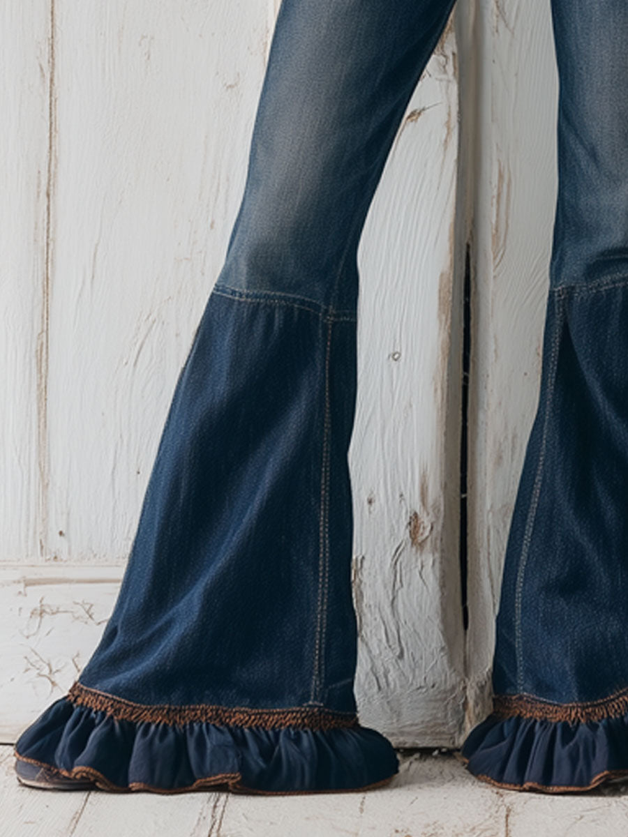 Western Retro Ruffled Dark Blue Flared Denim