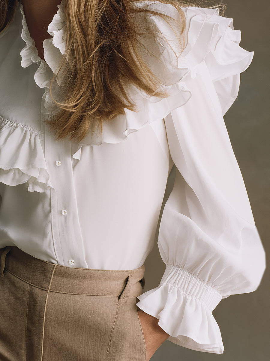 Stylish And Elegant Ruffle Trim White Shirt