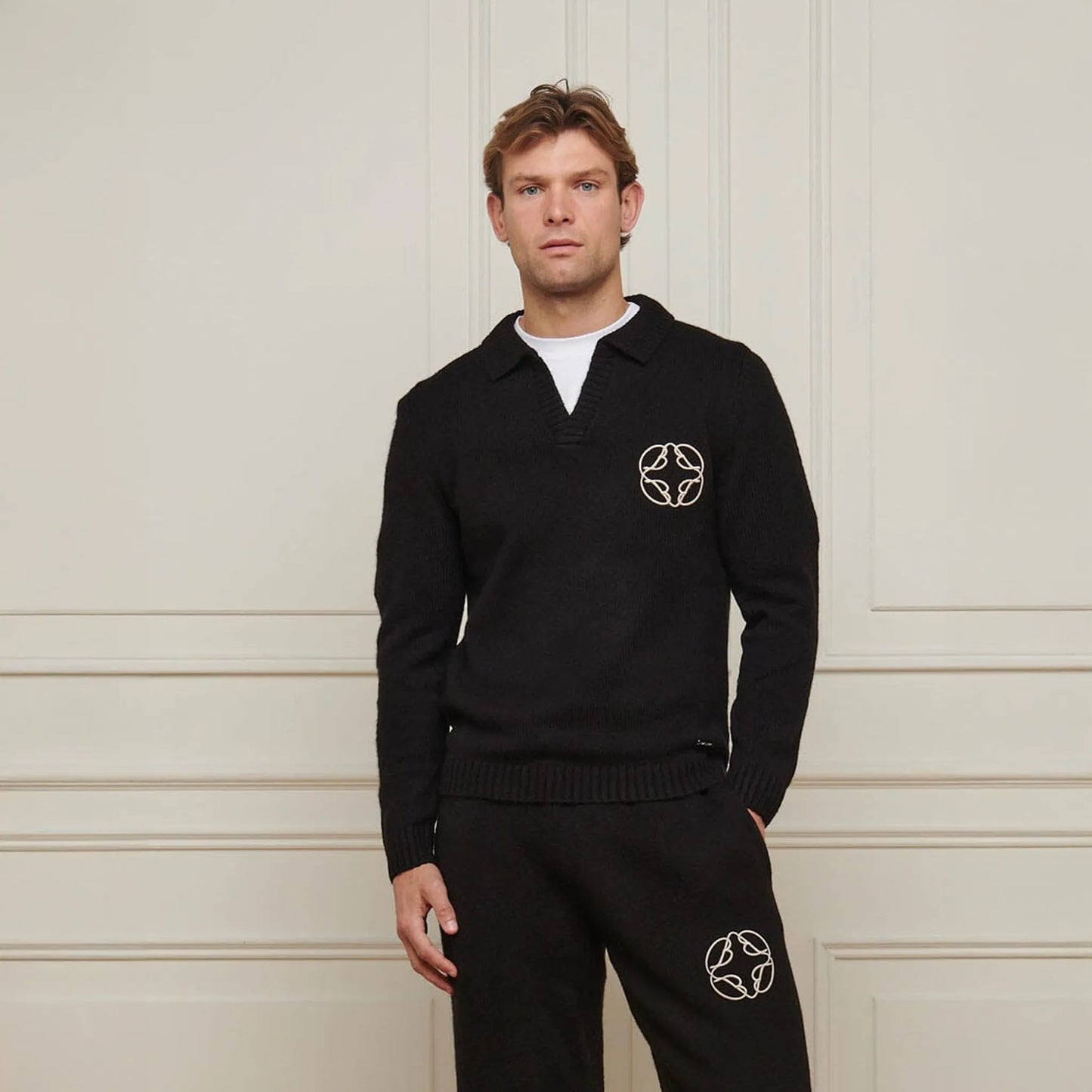 Belier Mohair Knit Open Collar Black Sweatshirt