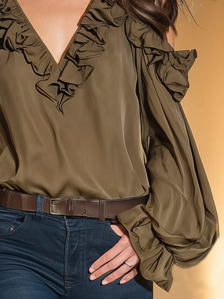 Stylish And Casual V-neck Off-shoulder Ruffled Khaki Chiffon Shirt
