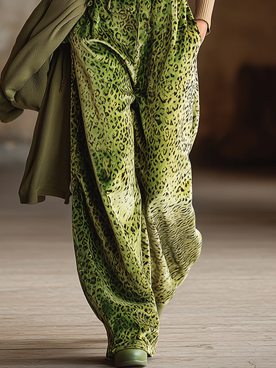 Trendy Urban Fluorescent Green Leopard Print Velvet Wide-leg Overalls