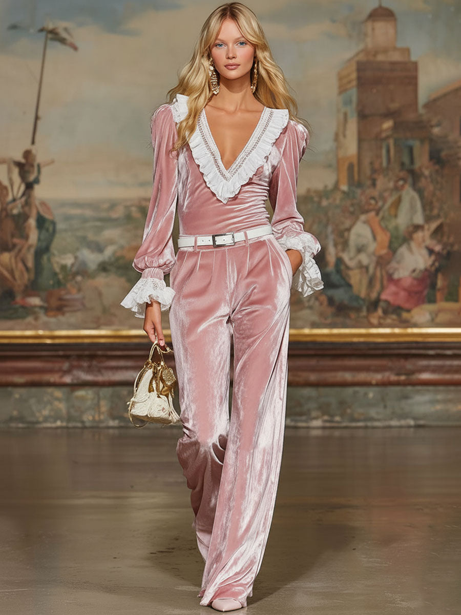 Velvet-trimmed Lace-trimmed Top And Wide-leg Pants Set