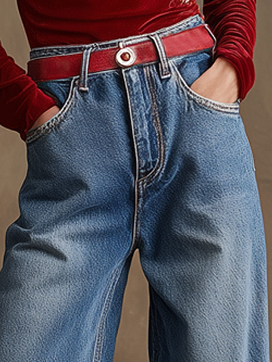 Casual Retro Floral Embroidered Wide-leg Blue Jeans