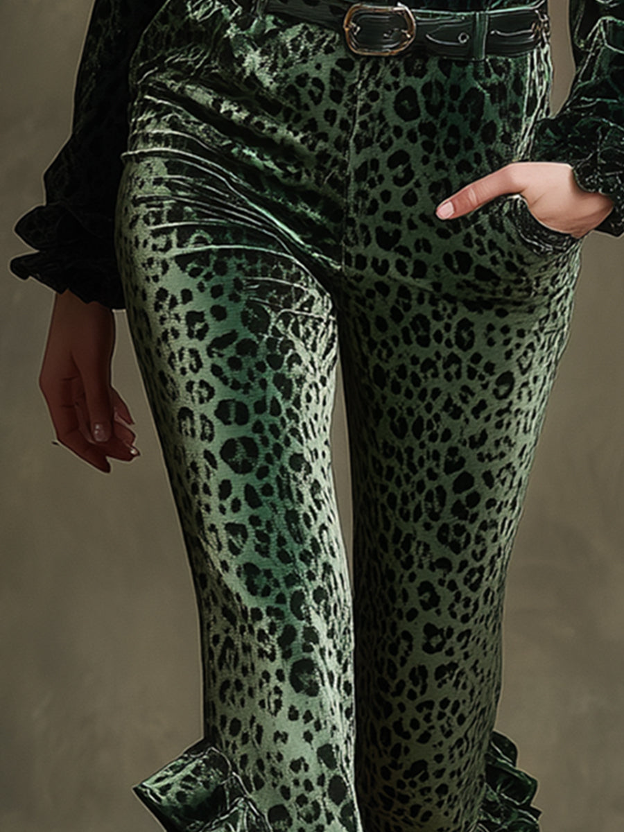 Vintage-style Ruffled Emerald Leopard Print Skinny Stretch Velvet Pants