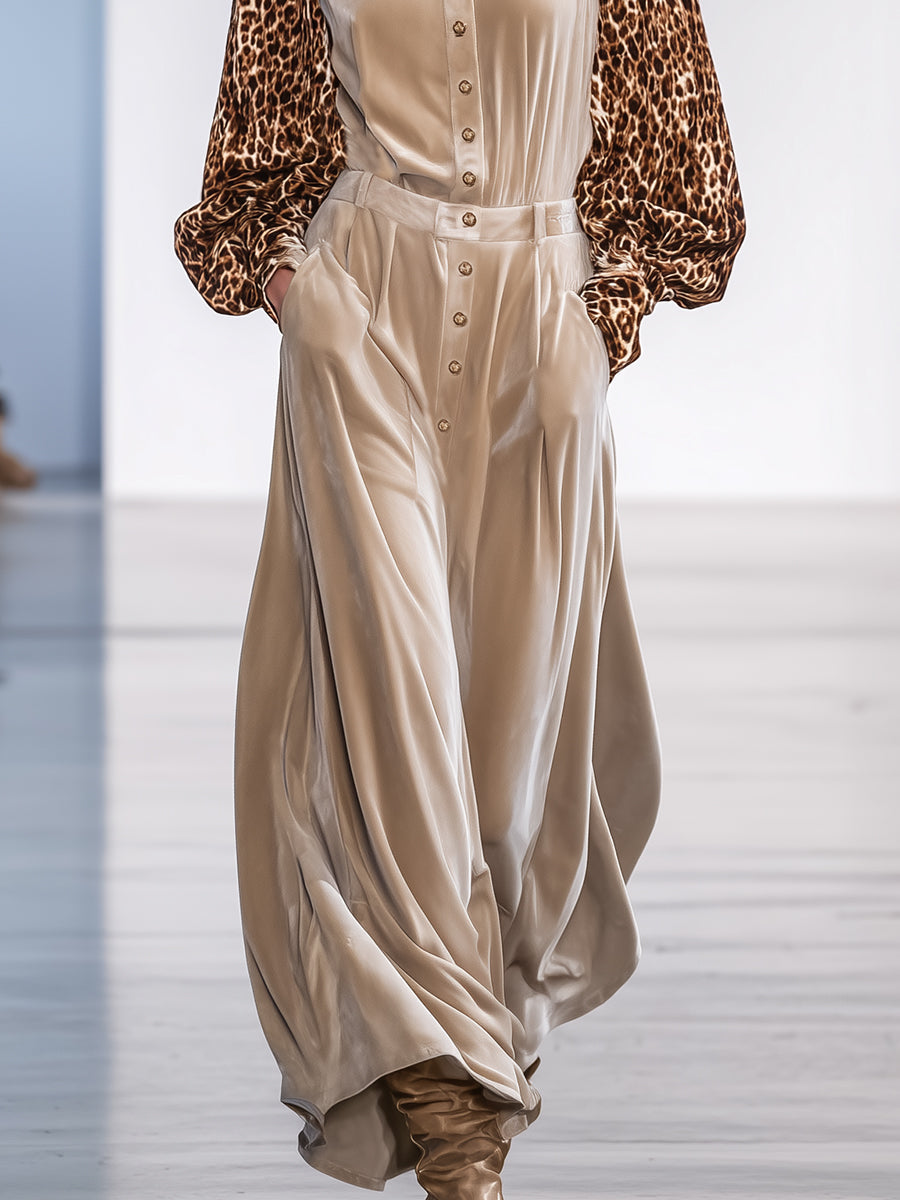 Casual Retro Leopard Print Sleeve Beige Velvet Maxi Dress