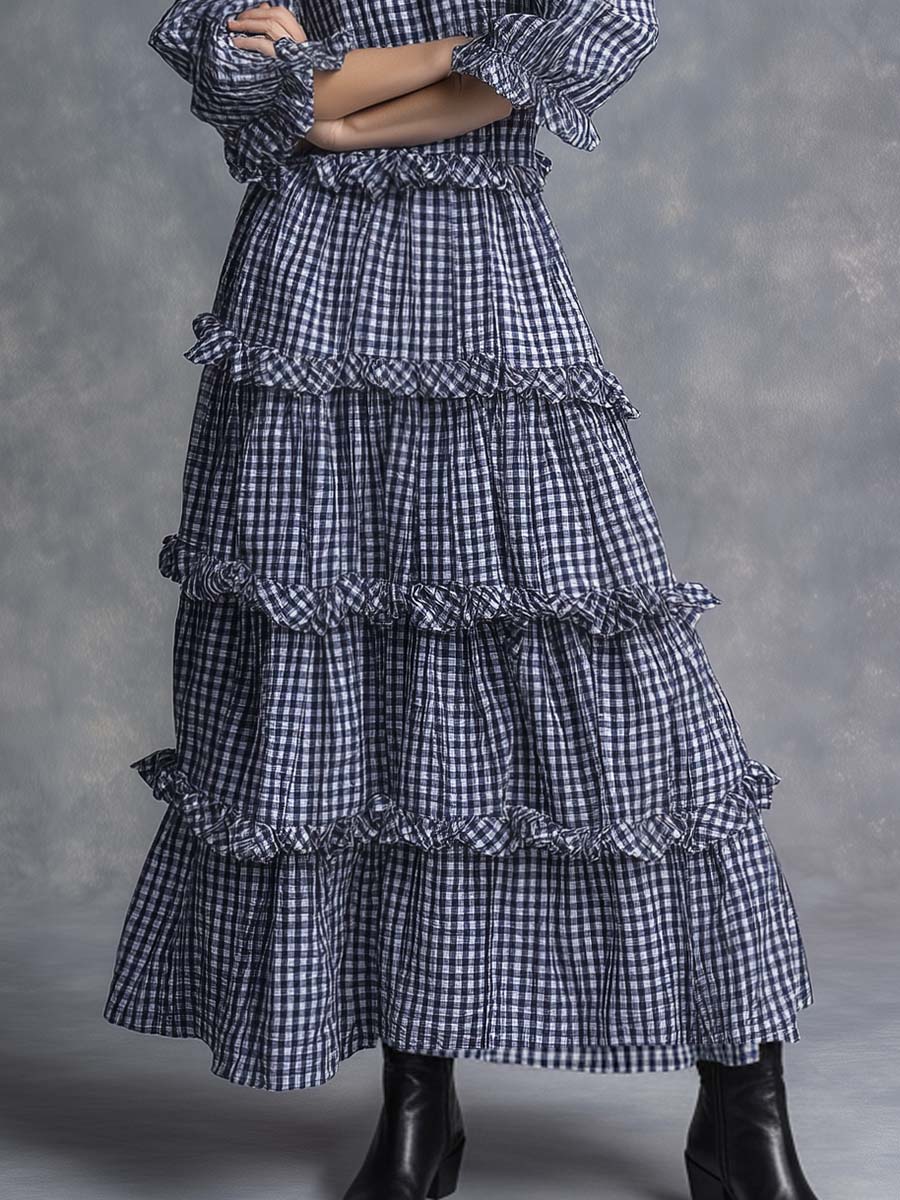 Western Countryside Round Neck Multi-layered Pleats Ruffled Hem Black And White Checkered Maxi Dress