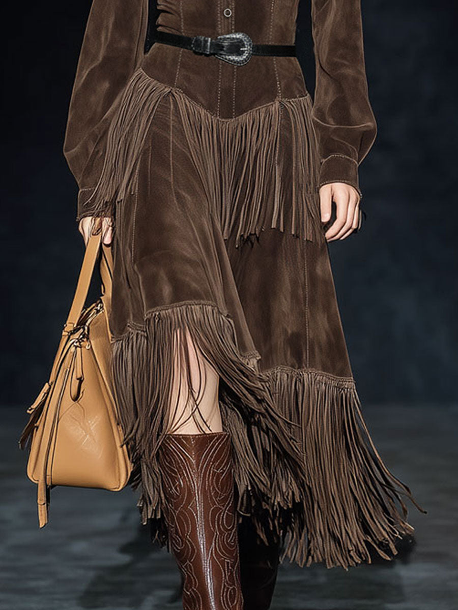 Western Retro Dark Brown Faux Suede Two-Layer Tassel Long-Sleeved Midi Dress