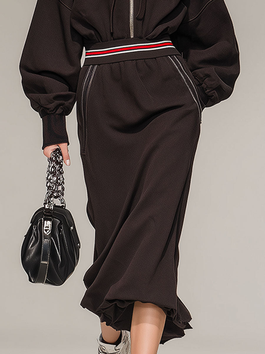 Stylish And Casual Brown Hooded Half-zip Cotton Midi Dress