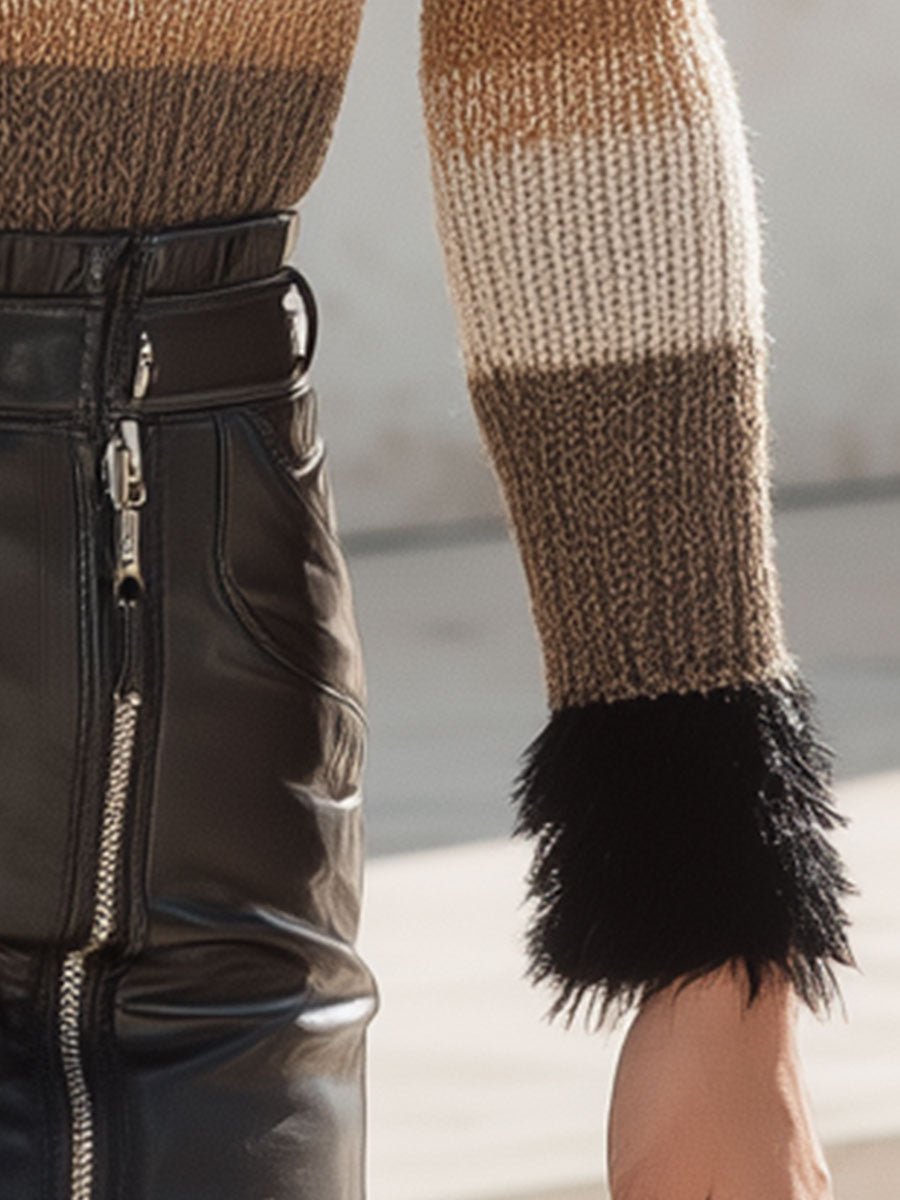 Stylish Classic Brown Striped Black Faux Wool Knit Shirt