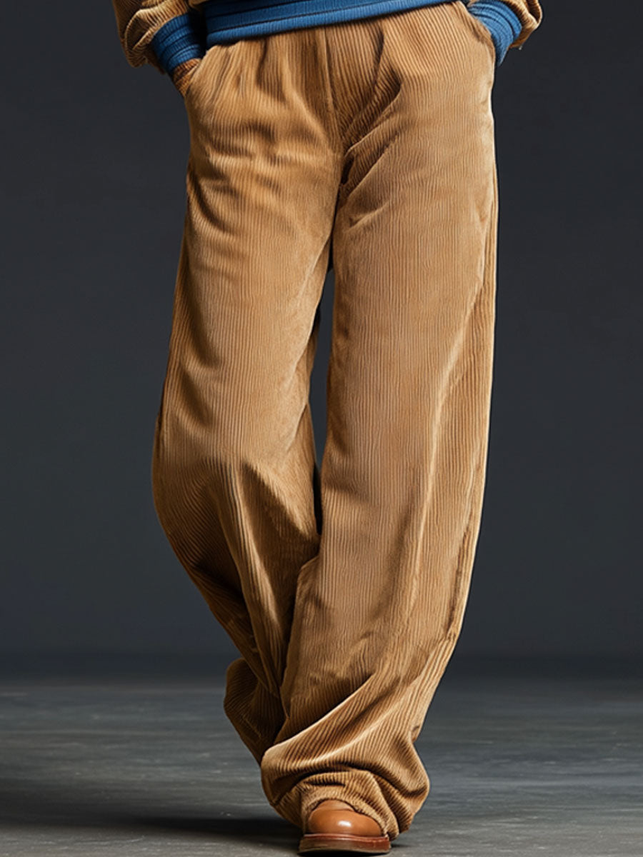 Casual Retro Corduroy Color Block Half-Zip Sweatshirt And Wide-Leg Pants Set