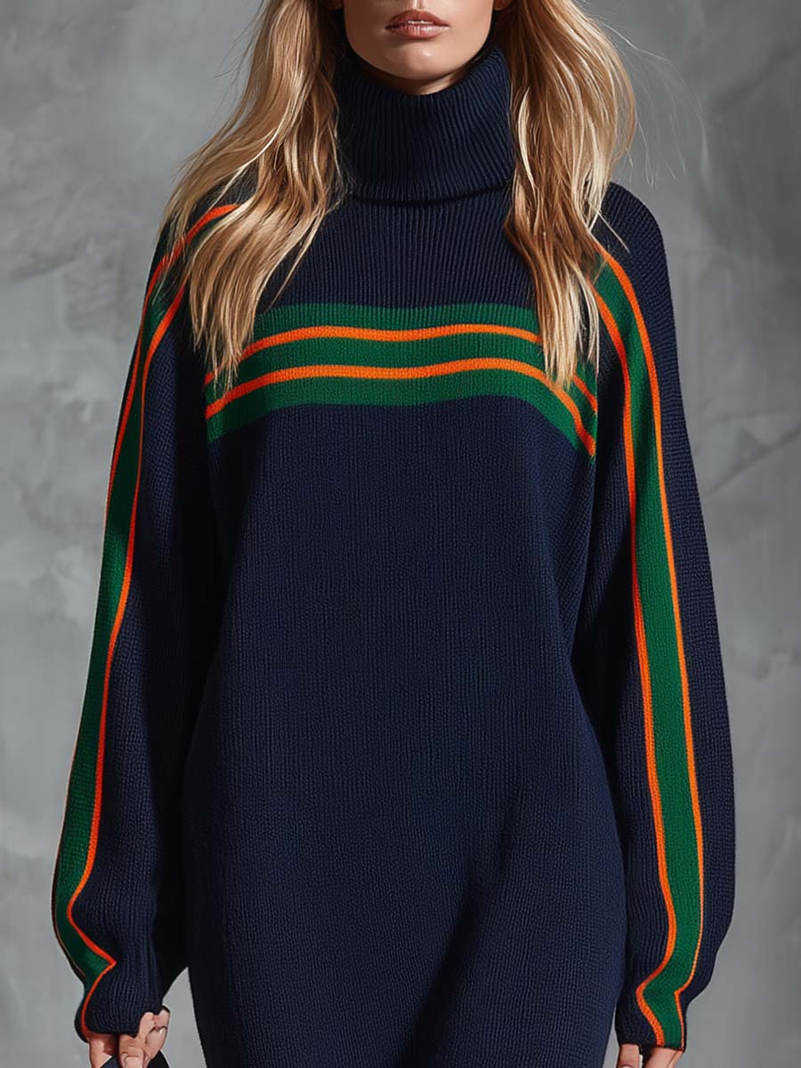 Vintage Fashion Sporty High-neck Contrast Green And Orange Striped Navy Knit Midi Dress