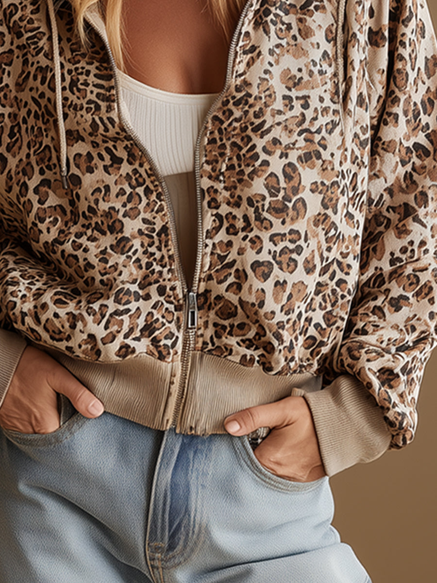 Trendy Urban Sporty Leopard Print Hooded Sweatshirt Jacket