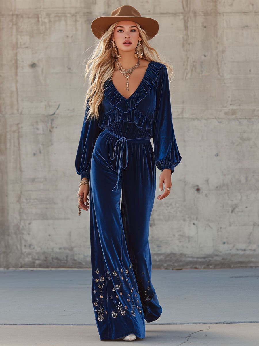 Western-style V-neck Ruffled Floral Embroidered Velvet Jumpsuit