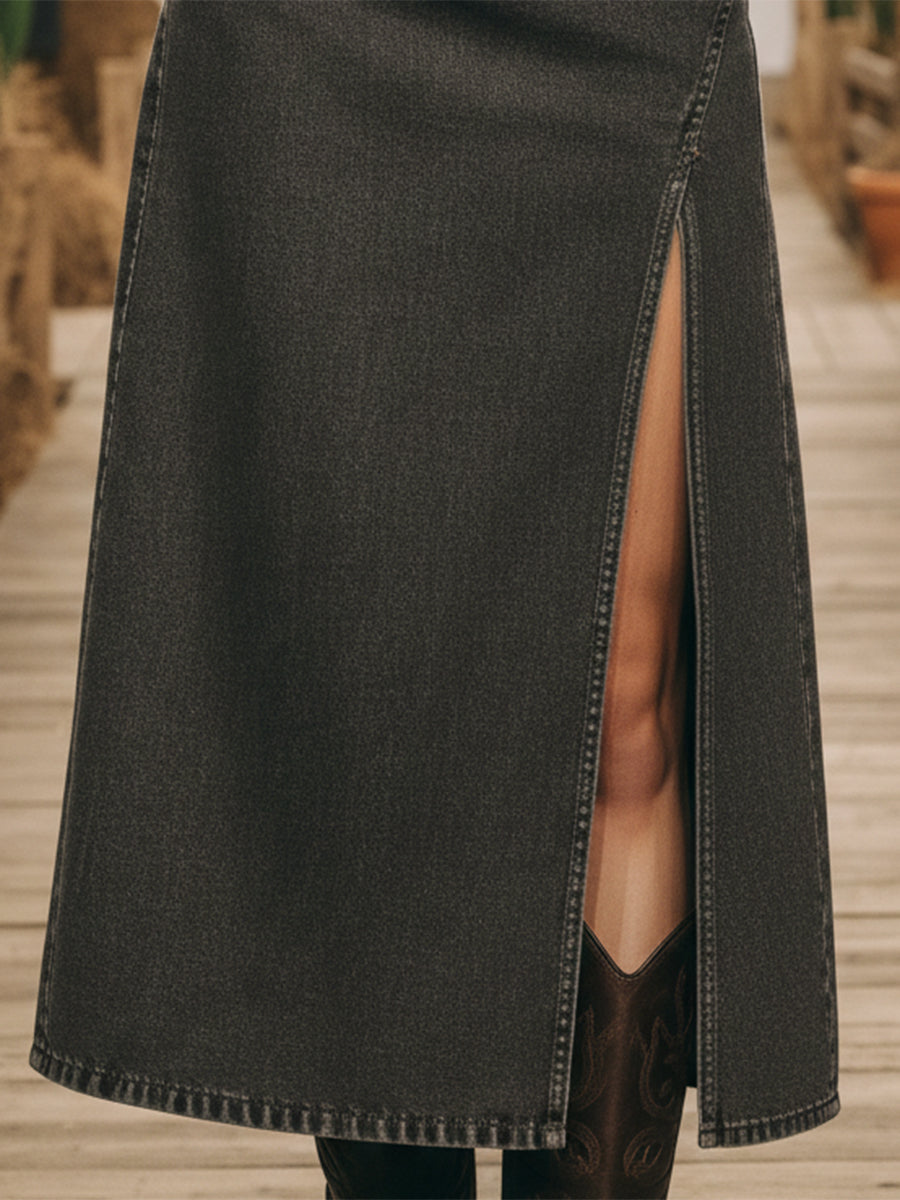 Casual Retro Dark Gray Denim Slit Skirt