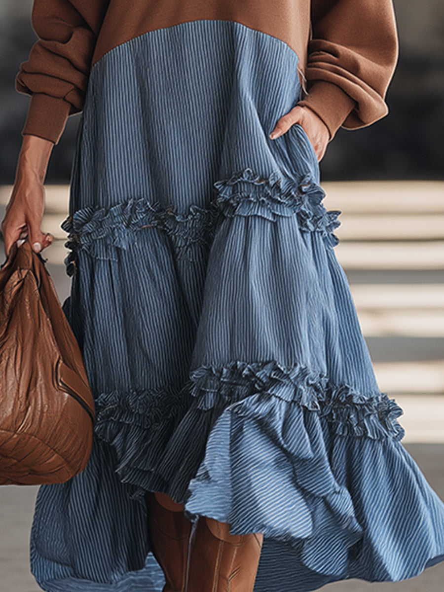Trendy Sporty Brown Sweatshirt With Contrasting Blue Stripes Silhouette Maxi Dress