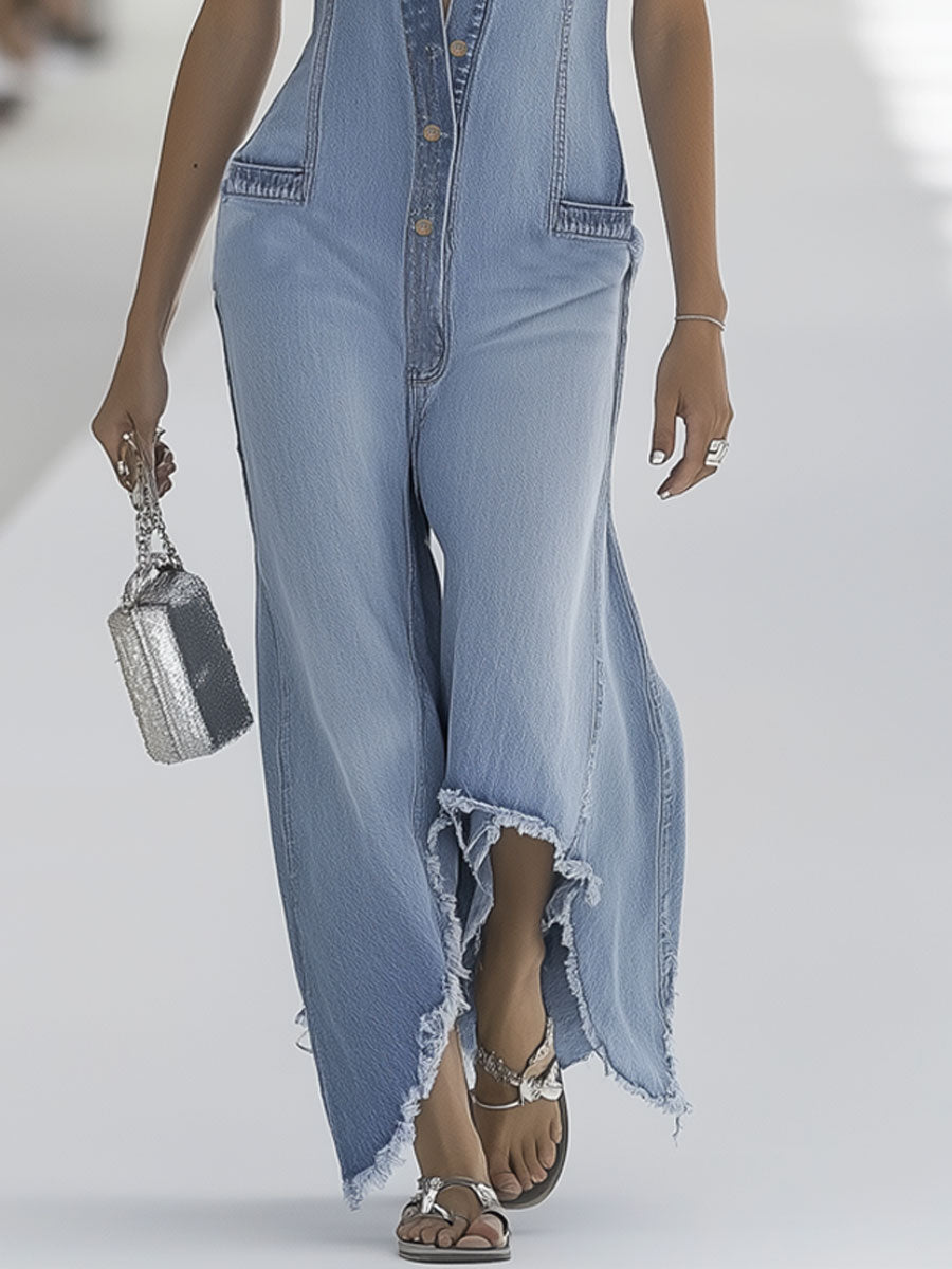 Western Retro Light Blue Denim Sleeveless Raw Edge Wide Leg Zipper Jumpsuit