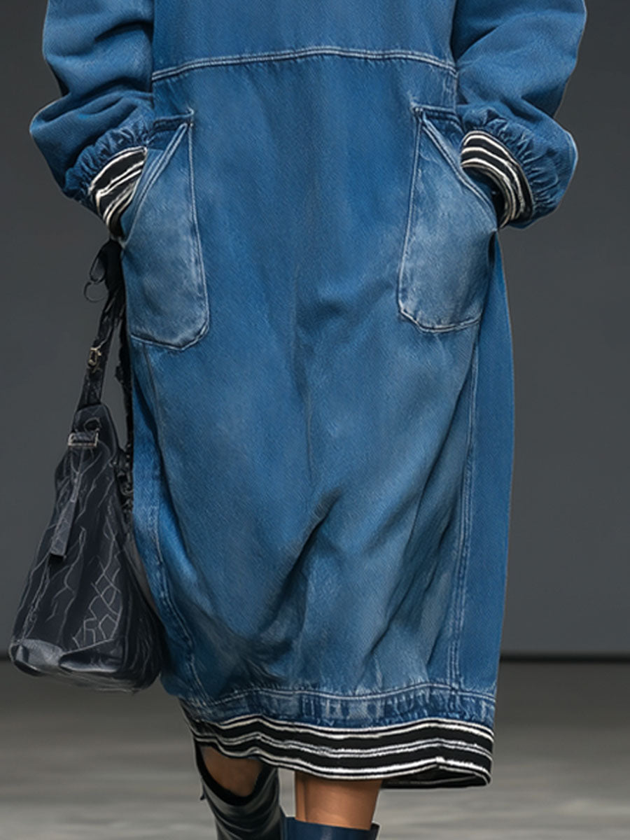 Casual Retro Half-zip Ribbed Blue Denim Long-sleeved Midi Dress