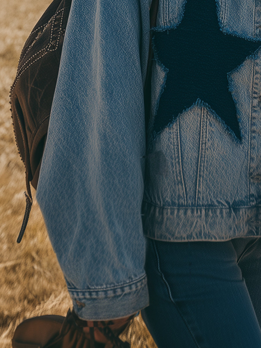 Trendy Western-style Star-patterned Frayed Denim Jacket