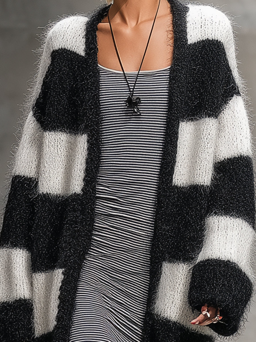 White Mohair With Black Stripes Cardigan