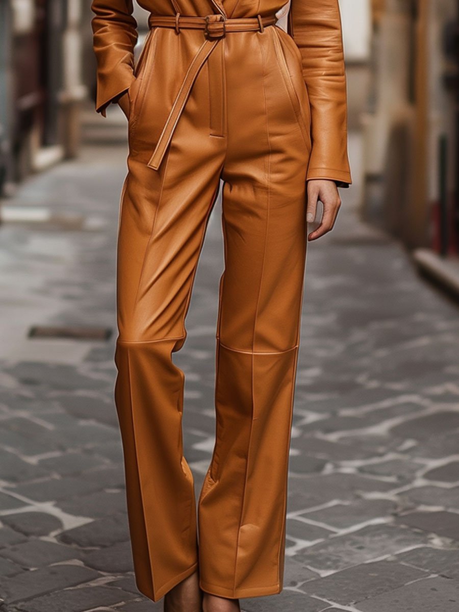 Casual Loose Pocket Vintage Leather Long Sleeve Jumpsuit