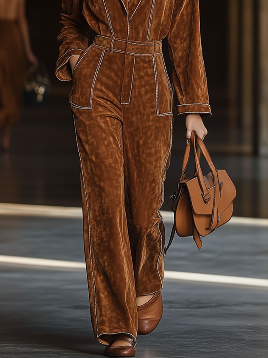 Casual Loose Vintage Exposed Pocket Long Sleeve Suede Jumpsuit