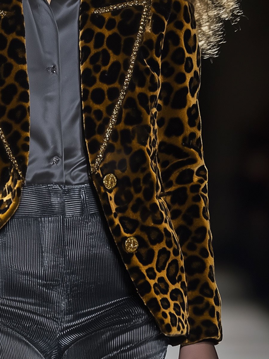 Casual Fashion Velvet Leopard Print Lapel Gold Edge Blazer