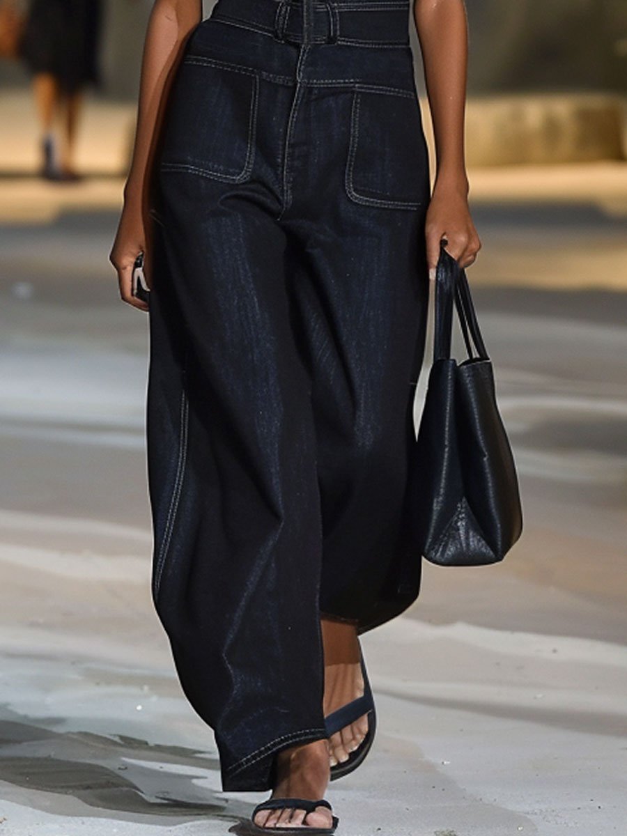 V-Neck Retro Casual Loose Sleeveless Wide-Leg Denim Jumpsuit