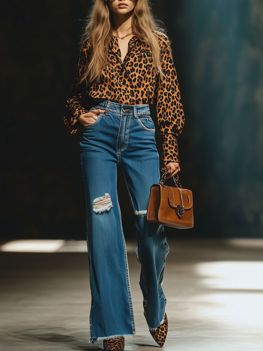 Casual Loose Vintage Velvet Leopard Print Long Sleeve Blouse