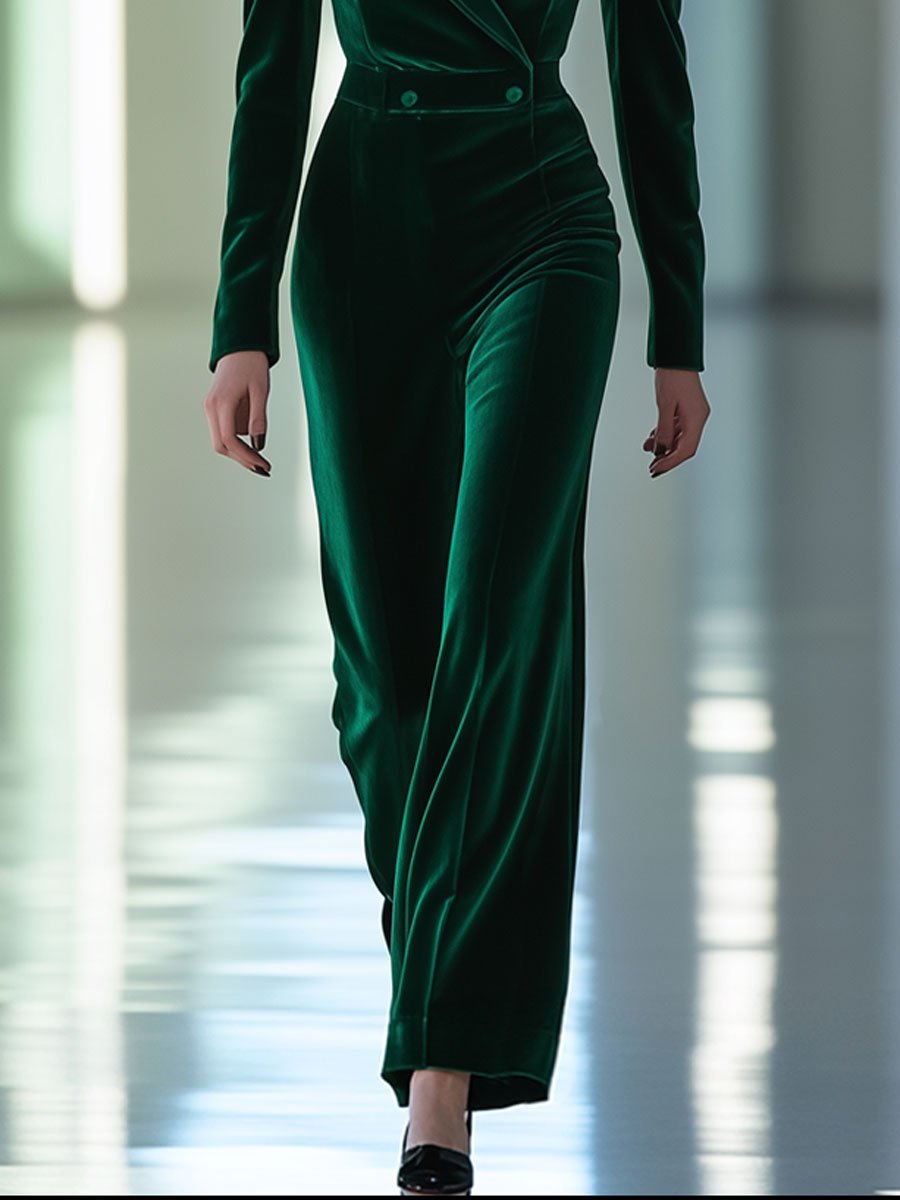 Casual Loose Retro Green Velvet Double-Layer Lapel Long-Sleeved Jumpsuit