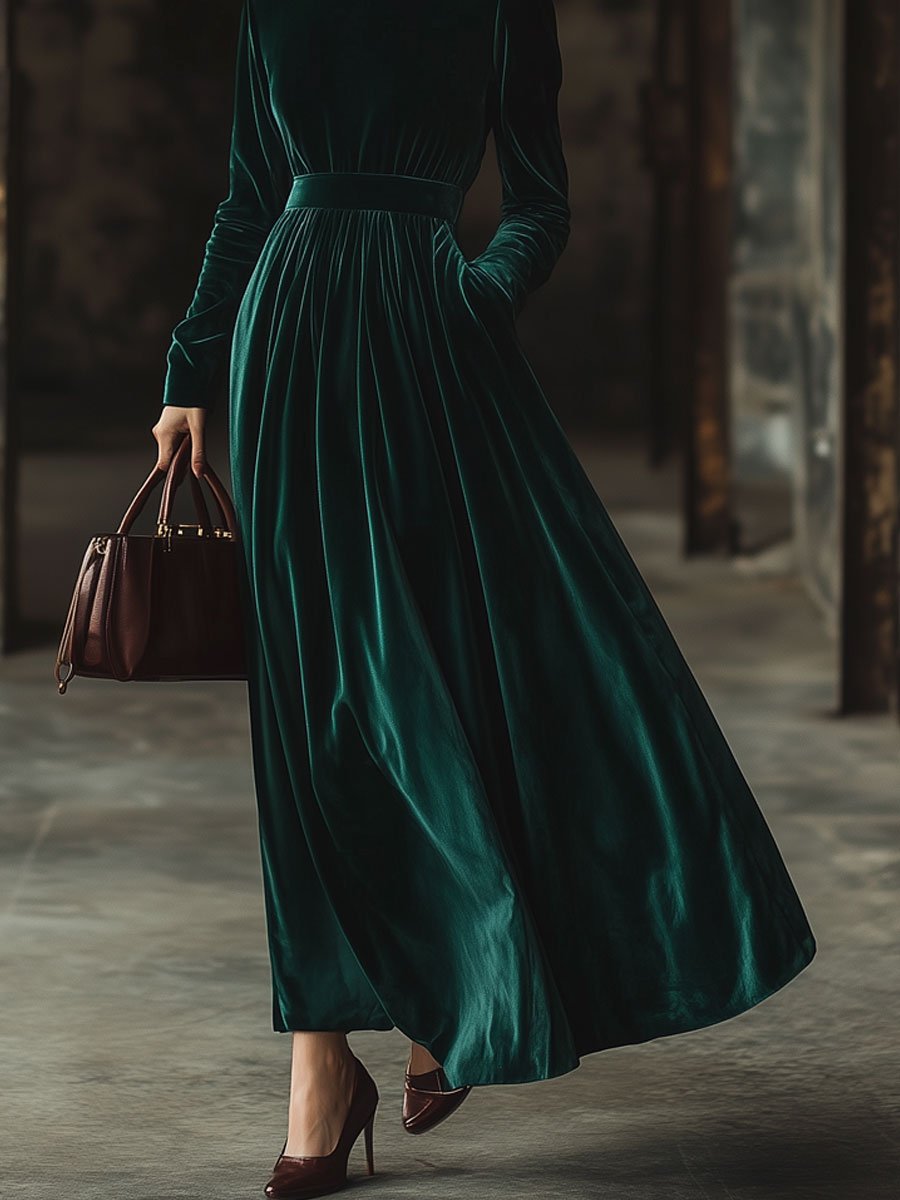 Stand Collar Loose Party Pocket Solid Velvet Long Sleeve Maxi Dress