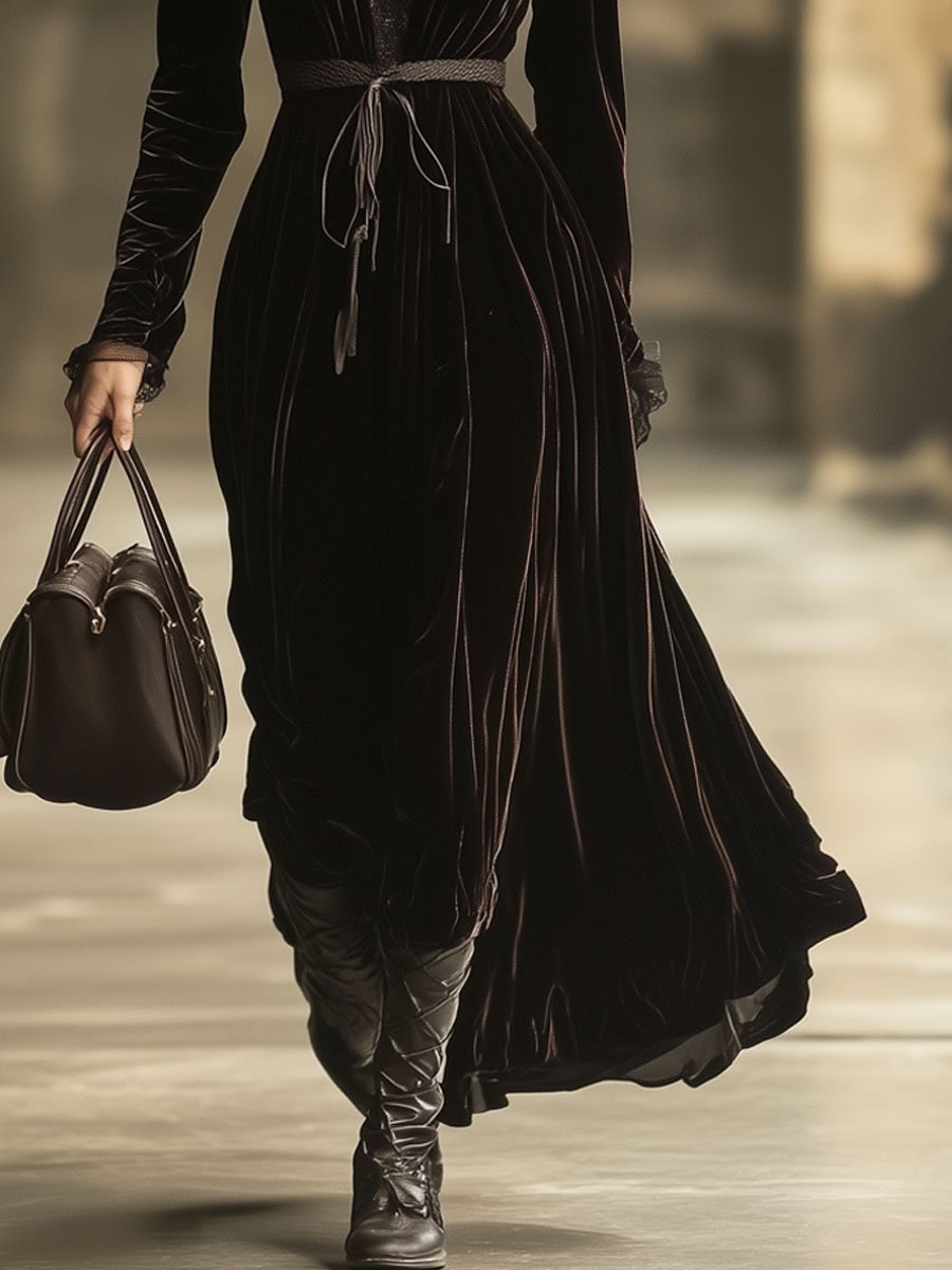 V-Neck Lace Panel Solid Velvet Long-Sleeved Maxi Dress