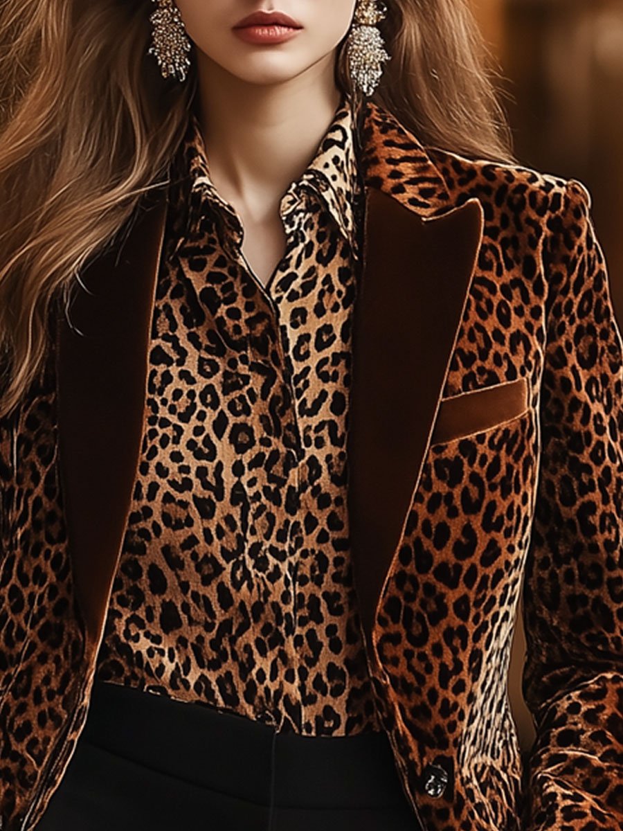 Casual Loose Retro Velvet Leopard Print Collar Blazer