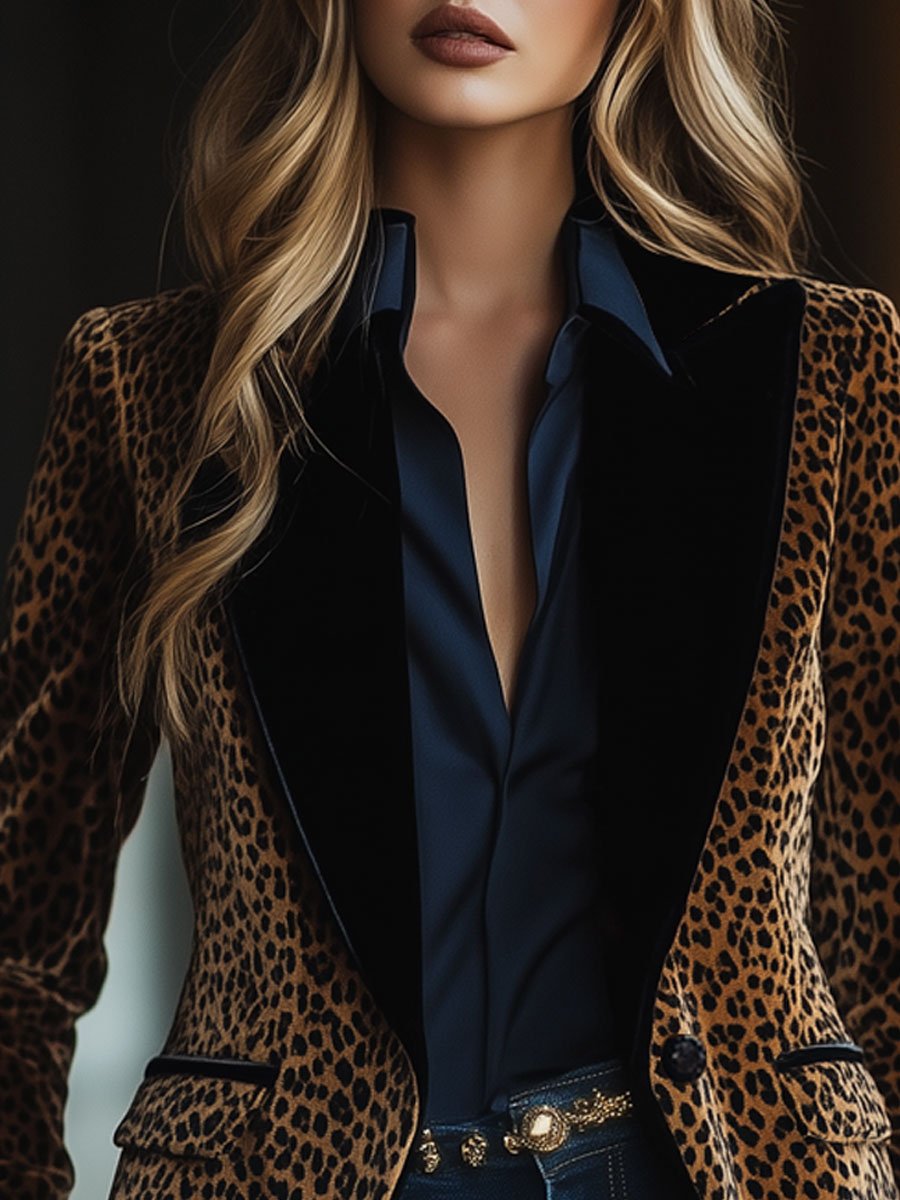 Casual Retro Leopard Print Colorblock Lapel Pocket Blazer