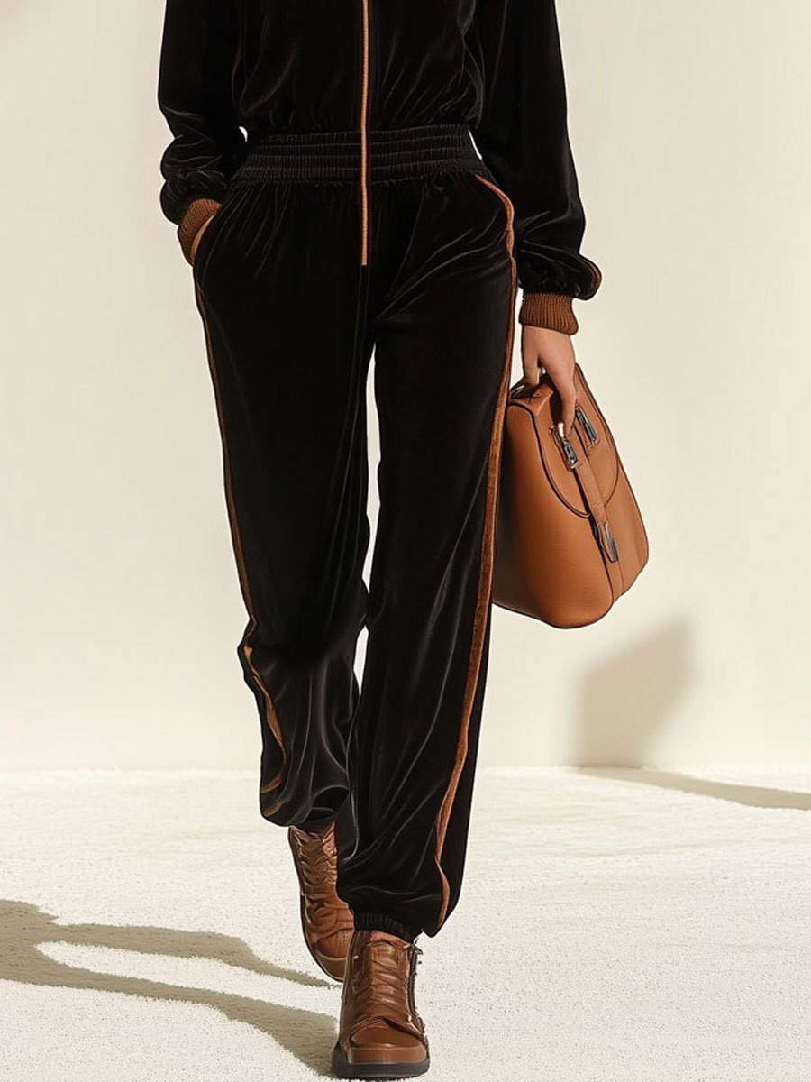 Casual Loose Retro Velvet Colorblock Zipper Hooded Jumpsuit