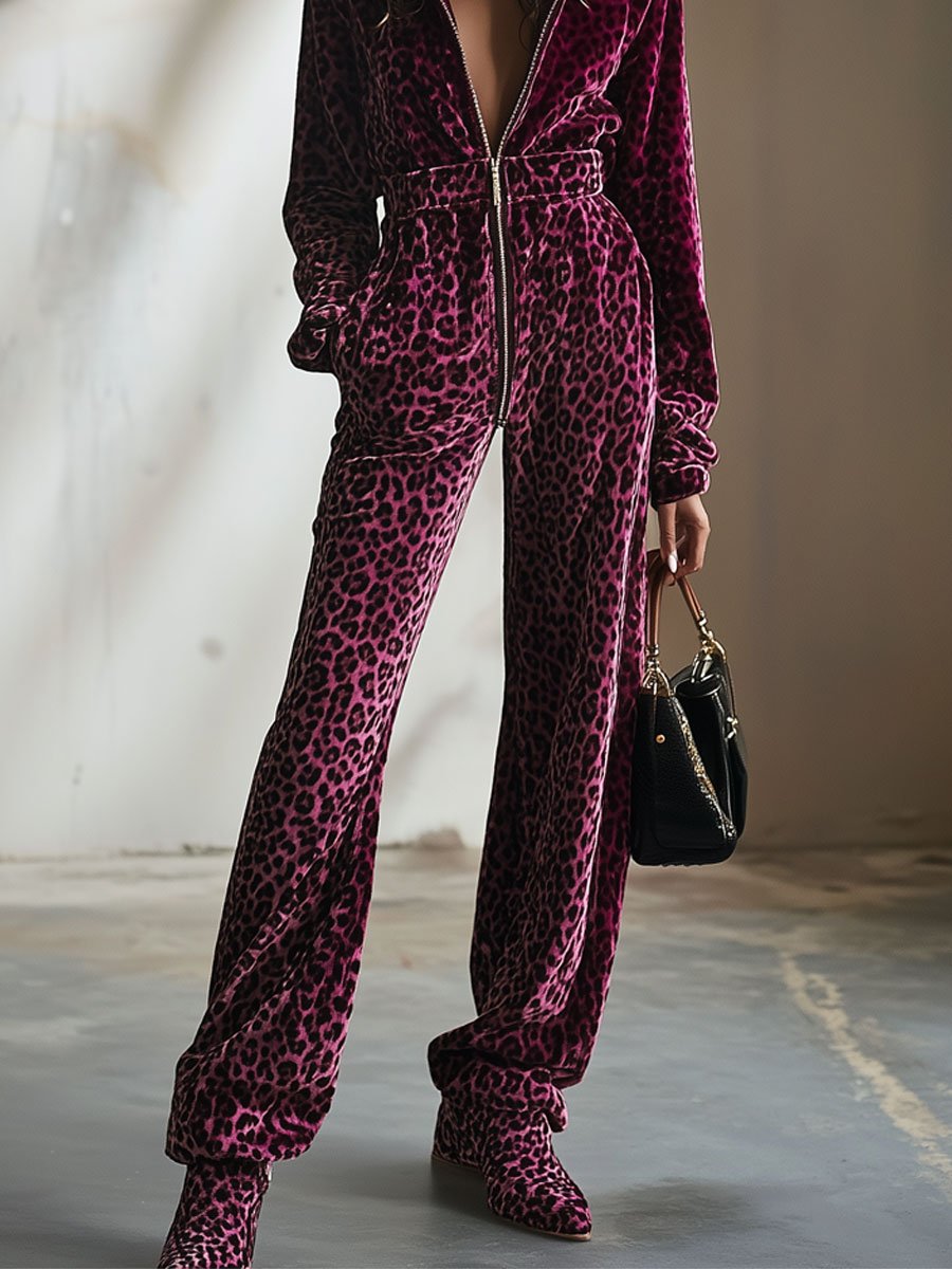 Casual Retro Purple Velvet Leopard Print Elastic Waist Zipper Hooded Jumpsuit