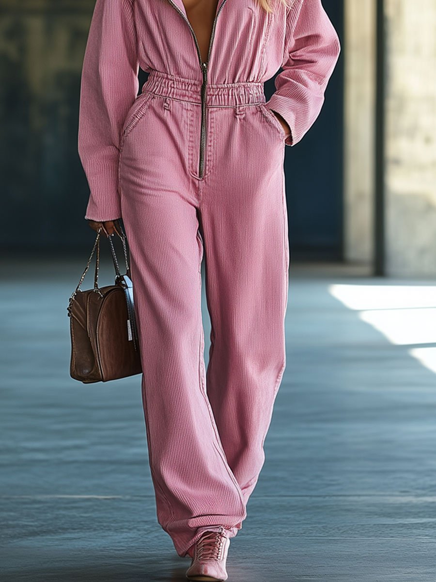 Casual Loose Retro Solid Color Corduroy Zipper Hooded Jumpsuit